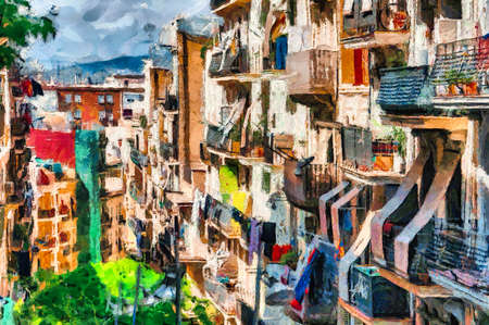 oil painting summer street on Barcelonaの写真素材