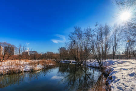 Winter Sunny day on the river. Frost and sun.の写真素材