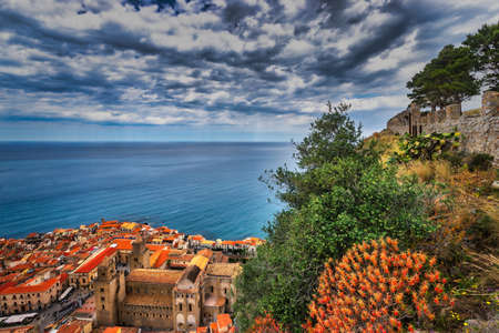 Areal view of Cefalu, Italy. Beautiful photo of sicilian coastline.