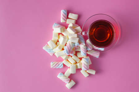 Morning tea cup with marshmallow. Top vewの写真素材