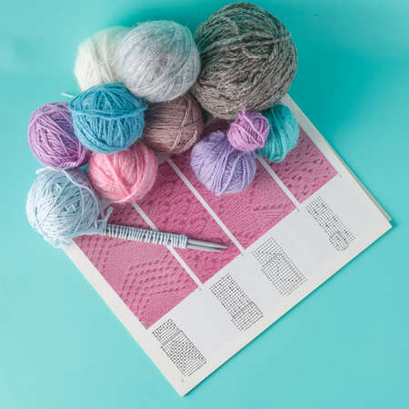 Knitting training concept. Colored clew of yarn for knitting
