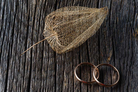 Fall wedding decoration. Cape gooseberry and two rings on rustic backgroundの写真素材