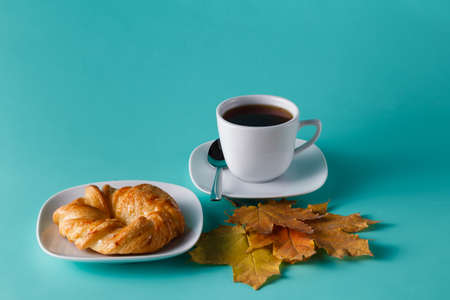 Fresh pastry roll on aquamarine shadowless background with cup of teaの写真素材