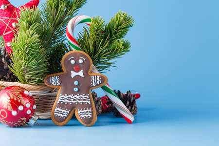Gingerbread man on blue backgroundの写真素材