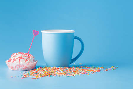 Colored candy on blue backgroundの写真素材