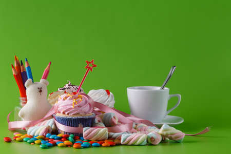 Fun party sweets invitation card. Cupcake and marshmallowの写真素材