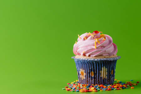 Birthday smal gift. Sweet cupcake with candleの写真素材