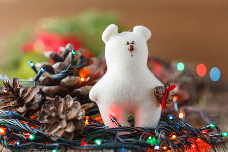 christmas decoration on rustic wooden table. Closeup viewの写真素材