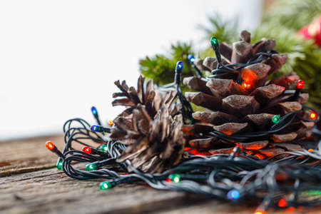 christmas decoration on rustic wooden table. Closeup viewの写真素材