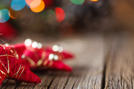 christmas decoration on rustic wooden table. Closeup viewの写真素材