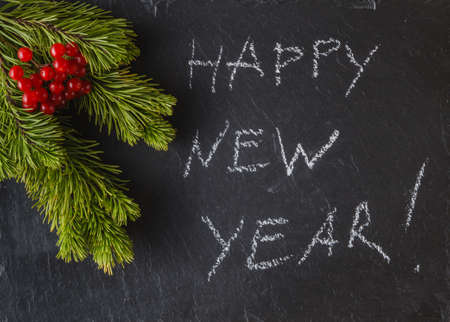 New year frame concept. Place to you text with inscription of christmas on slate black  background with pineの写真素材