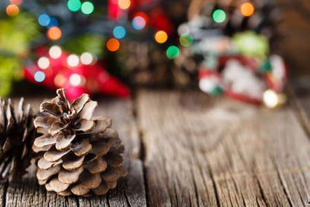 christmas decoration on rustic wooden table. Closeup viewの写真素材