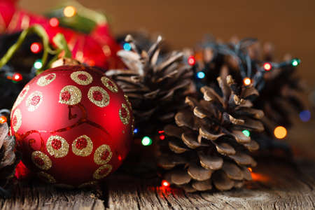 christmas decoration on rustic wooden table. Closeup viewの写真素材