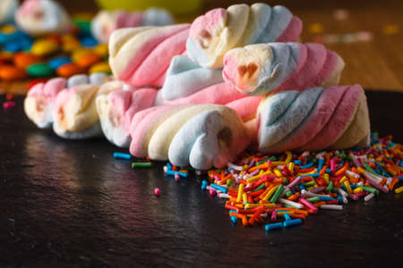 Fun sweet frame on slate black background for text placement. Top viewの写真素材