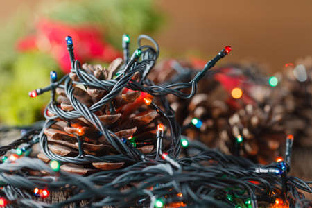christmas decoration on rustic wooden table. Closeup viewの写真素材