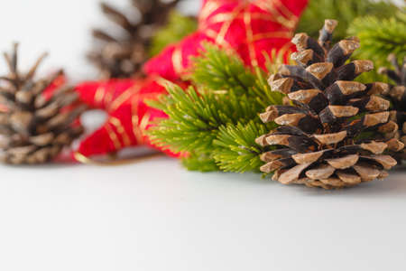 New Year and Christmas scene decoration with pine, cones and stars on white backgroundの写真素材