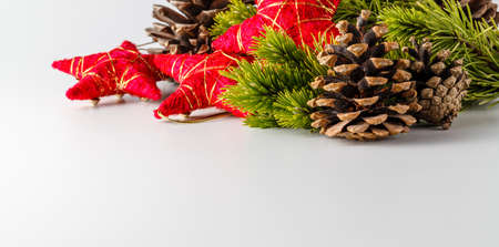 New Year and Christmas scene decoration with pine, cones and stars on white backgroundの写真素材