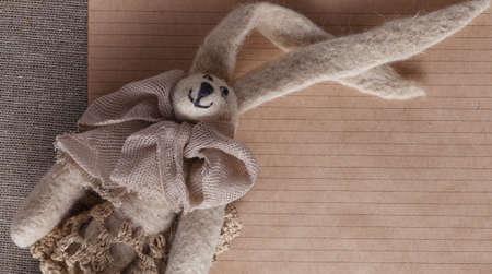 Kid inviting card concept. Tilda doll with space for you messageの写真素材