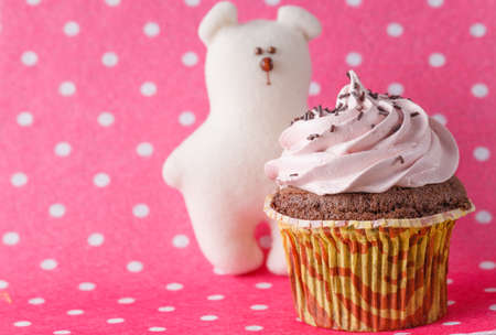 Kid breakfast concept. Cupcake on colored pink backroundの写真素材