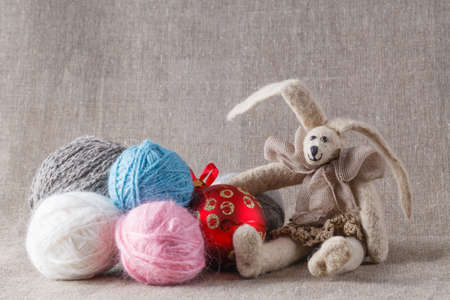 Tilda rabbit doll with clew and cristmas ballの写真素材