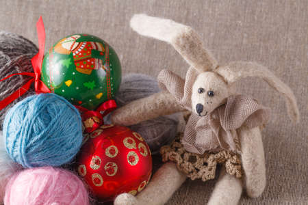 Tilda rabbit doll with clew and cristmas ballの写真素材