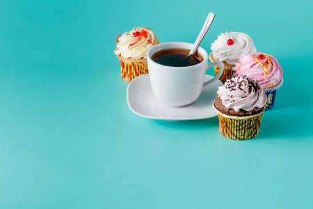 Nostalgic breakfast concept on aquamarine backgroundの写真素材