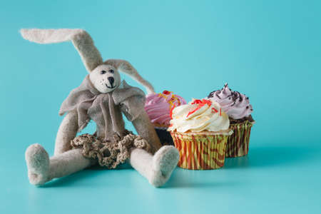 Rabbit doll with cupcake on aquamarine backgroundの写真素材