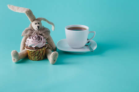 Rabbit doll with cupcake on aquamarine backgroundの写真素材
