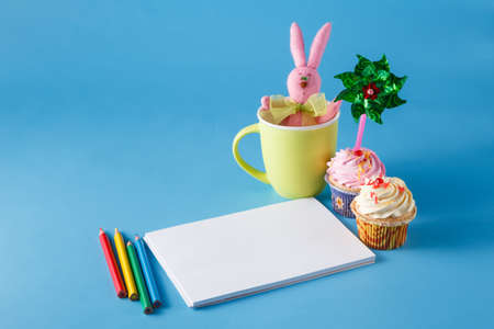 Kid art activities concept. Album for drawing and funny pink bunnyの写真素材