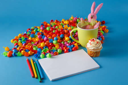 Kid art activities concept. Album for drawing and funny pink bunnyの写真素材