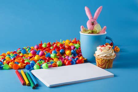 Kid art activities concept. Album for drawing and funny pink bunnyの写真素材