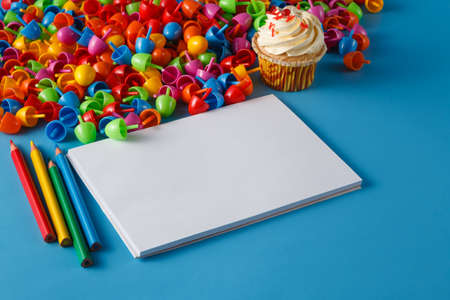 Kid art activities concept. Album for drawing and plastic mosaicの写真素材