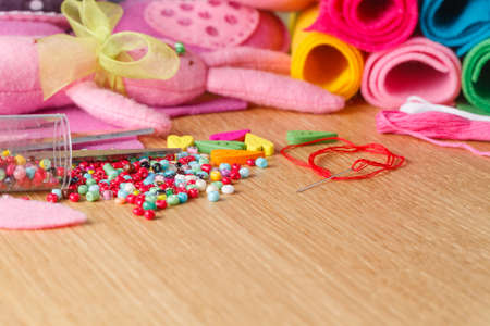 Female home hobby leisure concept. Needlework objects on tableの写真素材