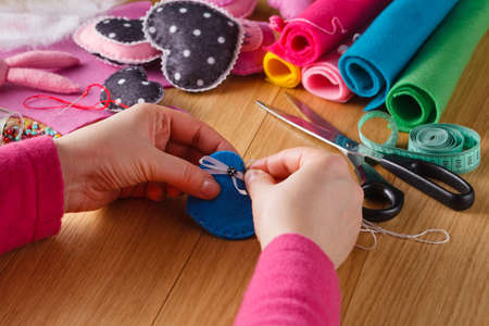 Needlework concept. Female doing crafts from felt