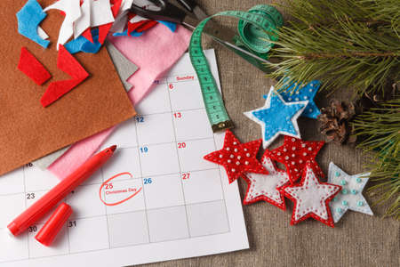 Home hobby concept. Handmade preparation for the coming Christmasの写真素材