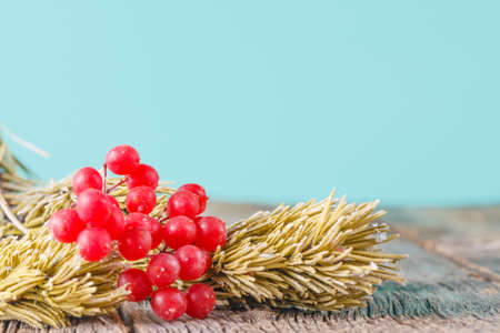 Frozen viburnum berry on rustic wooden background with pineの写真素材