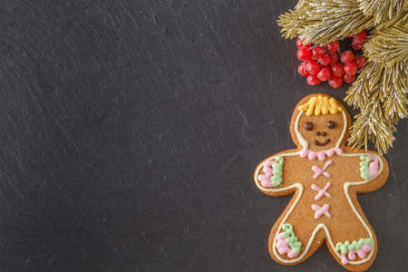 New year greeting card concept. Winter symbols on slate with place for text messageの写真素材