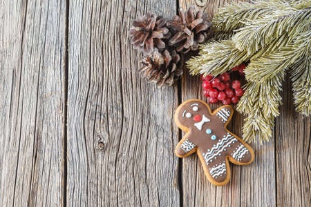 New year greeting card. Winter symbols on rustic backgroundの写真素材