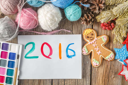 Painted christmas greeting. Kids drawing year symbol on paperの写真素材