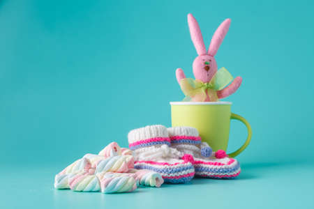 Newborn announcement with knitted booties and funny bunny in mugの写真素材