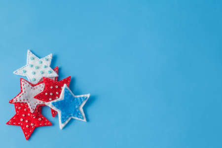 kid birthdai invitation card concept. Felt toys on blueの写真素材