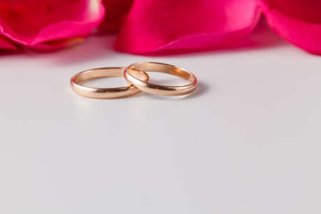 Wedding banner concept. Golden wedding rings with rose petals.の写真素材