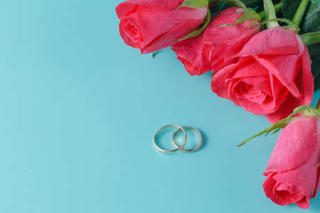 Wedding card concept. Roses on auqamarine mintの写真素材