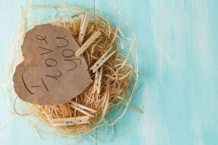 Two pink paper hearts in a small nest on wooden background.の写真素材