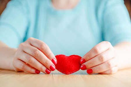 heart in hands, female holds handmade sewn soft toy