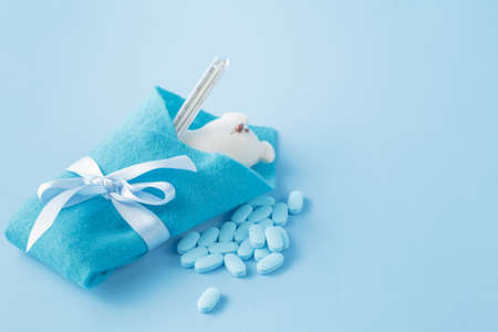 Pediatrics. Rabbit toy with medical equipment