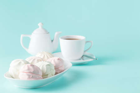 Sweet homemade dessert - berry marshmallow (zephyr) on a plain aquamarine background, selective focusの写真素材