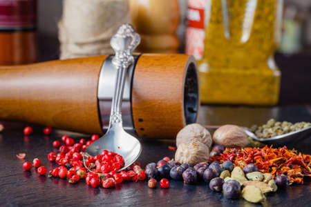 Closeup, red paprika and spicesの写真素材