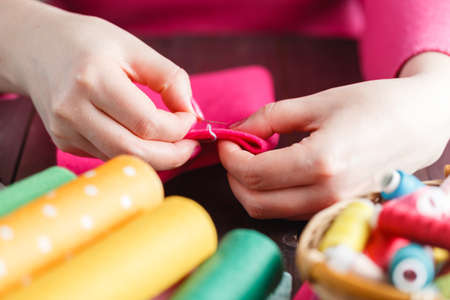 Process of hand made soft toys sewing with felt and needleの写真素材