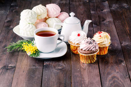 cup of tea at a kitchen blurred backgroundの写真素材